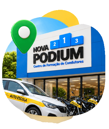 Fachada da Autoescola Nova Podium com carro e motos de autoescola