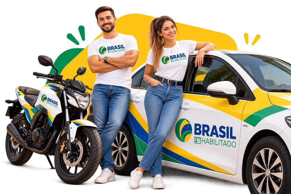 Casal de instrutores do Brasil Habilitado sorrindo ao lado de uma moto e de um carro de autoescola