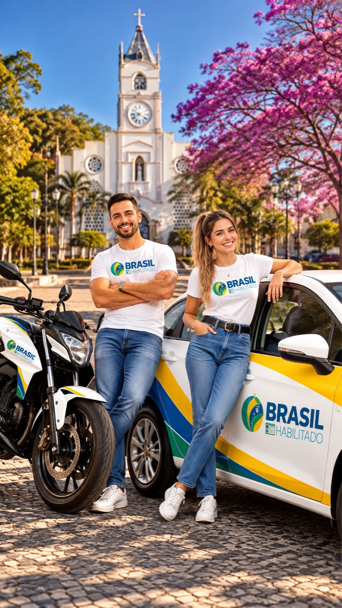 Instrutores do Brasil Habilitado sorrindo na praça, ao lado de uma moto e de um carro de autoescola com a marca do programa