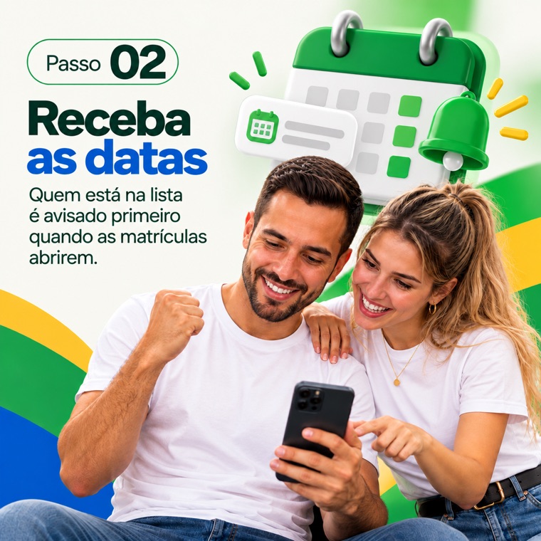 Casal comemorando ao receber no celular o aviso das datas de matrícula
