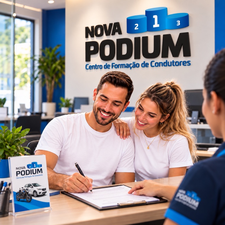 Casal assinando a matrícula no balcão da Autoescola Nova Podium