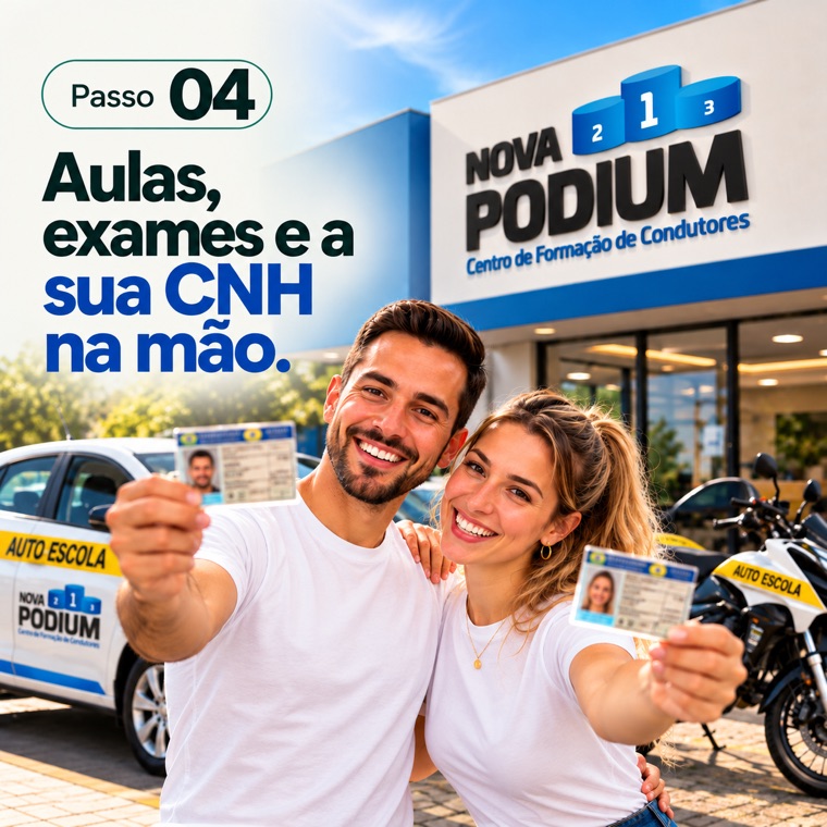 Casal mostrando as carteiras de habilitação em frente à Nova Podium