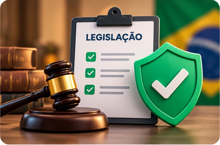 Martelo de juiz, prancheta de legislação aprovada e escudo de proteção