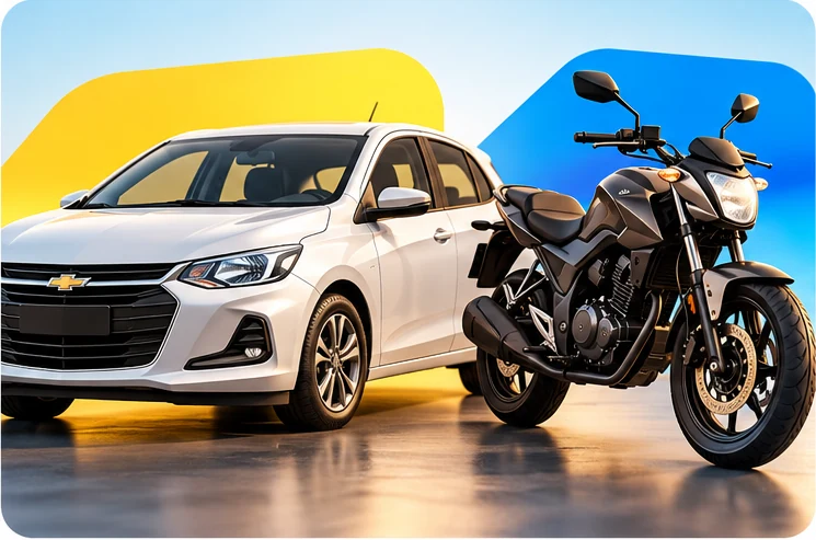 Carro branco e moto lado a lado sobre fundo amarelo e azul