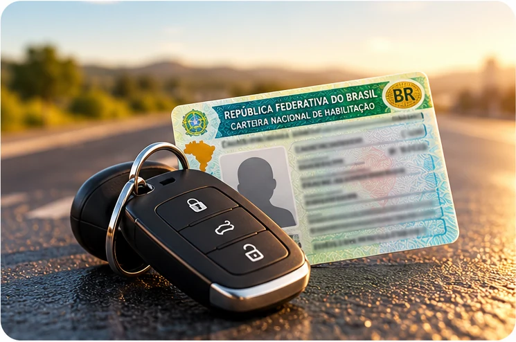 Chave de carro e carteira de habilitação sobre o asfalto ao pôr do sol